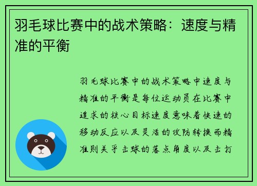 羽毛球比赛中的战术策略：速度与精准的平衡